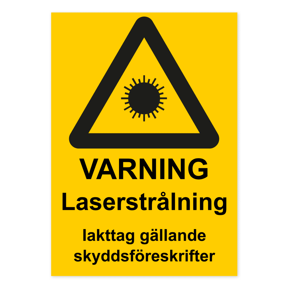 Varning för laserstrålning, iakttag gällande skyddsföreskrifter-skylten har storleken 210x297mm och tillverkas i materialet Dekal. Denna standardskylt kan anpassas så att du kan skapa din egen version av skylten.
