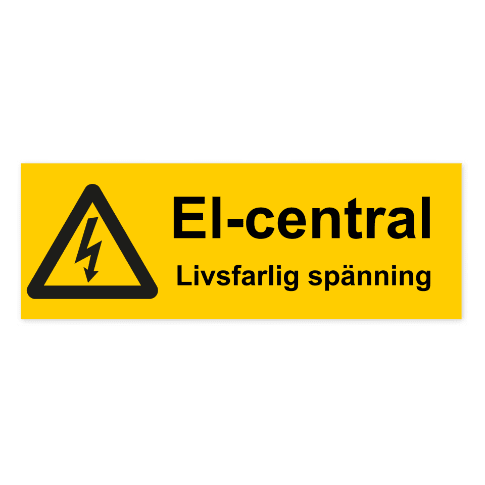 El-central. Livsfarlig spänning-skylten har storleken 297x105mm och tillverkas i materialet Dekal. Denna standardskylt kan anpassas så att du kan skapa din egen version av skylten.
