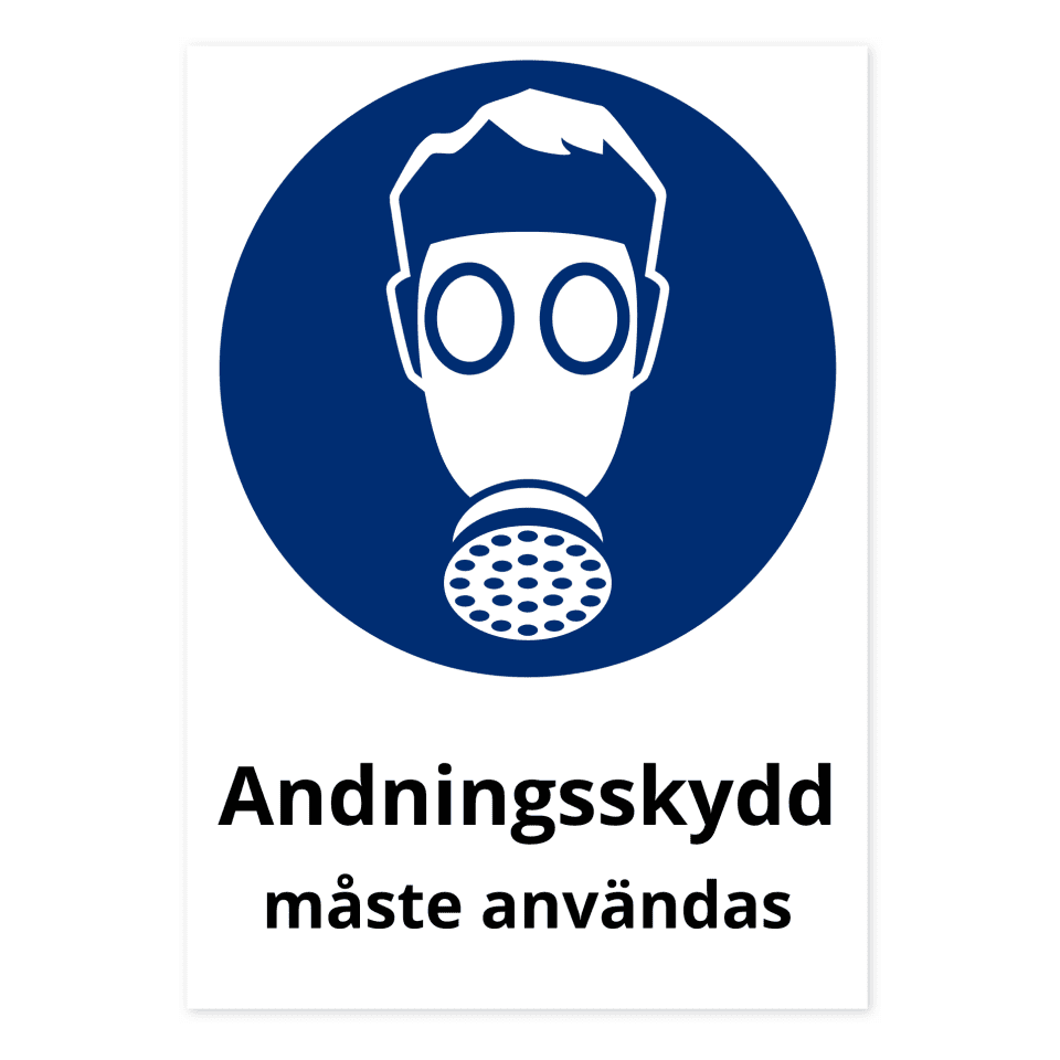 Andningsskydd måste användas-skylten har storleken 210x297mm och tillverkas i materialet Dekal. Denna standardskylt kan anpassas så att du kan skapa din egen version av skylten.